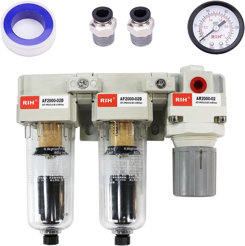 RIH Store Pneumatics 1/4'' NPT Auto Drain Compressed Air Double Filter & Regulator, Air Compressor Water Separator, Auto Drain, Poly Bowl,0-150 psi Gauge, 5 Micron Brass Element AC2110-02D(1/4 NPT) - Image 1